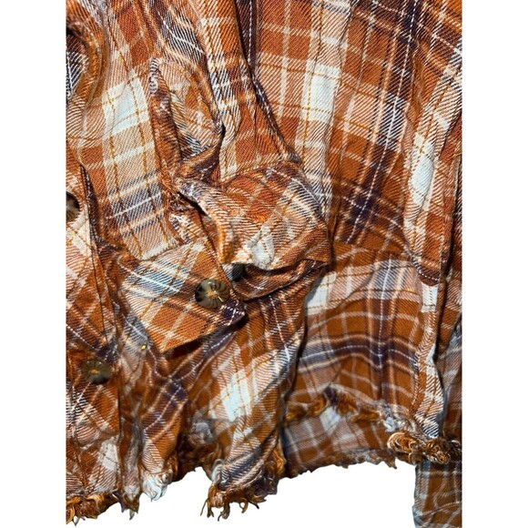 Democracy Top Womens Small Orange Tan Plaid Flannel Raw‎ Hem Button Up Boho - Picture 6 of 7